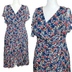 100% Silk Shoshanna Blue Colorful Floral Asymmetrical Fairy Midi Dress Large 12